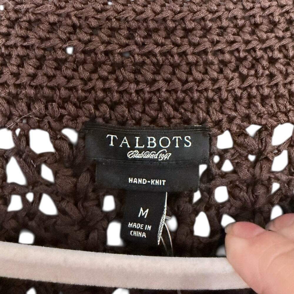 Talbots Hand-Knit Crochet Cardigan Women’s Medium Chocolate Brown Fall NEW - Picture 3 of 5